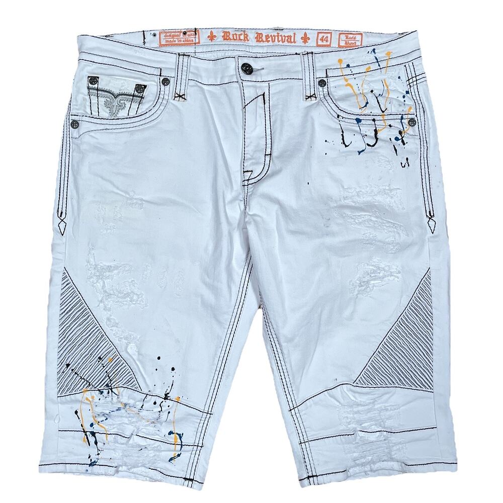 Rock Revival Jean Shorts 46” 44Tag White Rodd Denim Y2K Grunge Abstract Paint